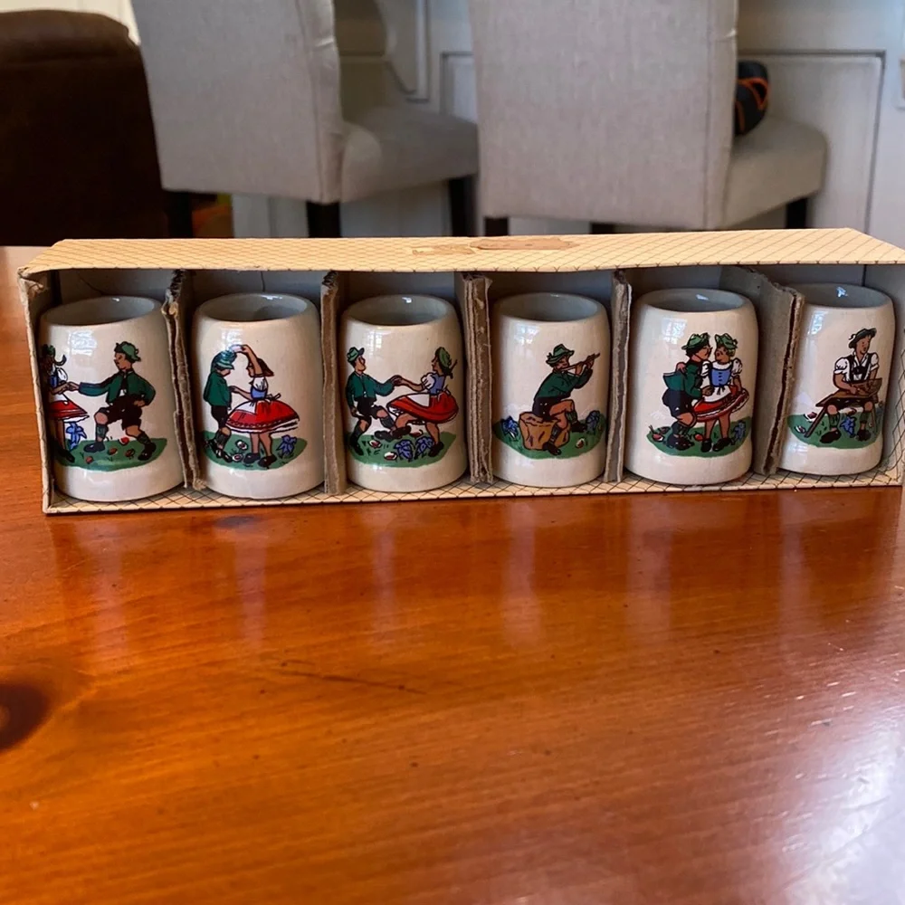 Vintage 1940s 6-Collectible German Miniature Mini Mug Stein Shot Glasses 2